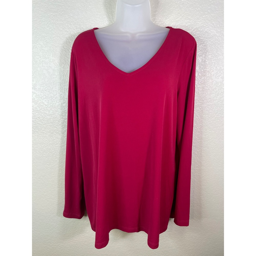 Susan Graver Womens Large V Neck Top Magenta Pink Long Sleeve Liquid Knit Office